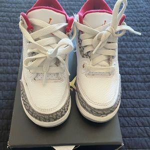 Gently used toddler Jordan Retro 3 white/light curry-cardinal red